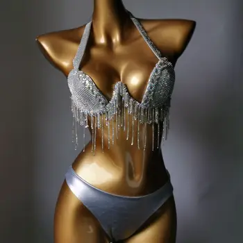 2023 bikini seti Kadın Diamante Karnaval Sutyen taklidi Püskül Gece Kulübü Külot Rave Festivali bikini seti Yanan Adam Kıyafet