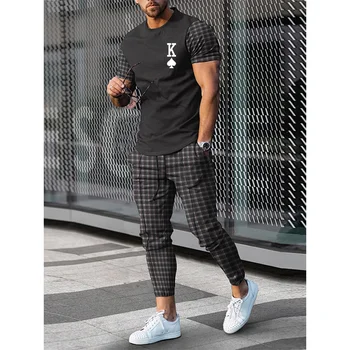 2023 Yaz erkek Yeni Ekstra Büyük 3D Çizgili Damalı T-shirt + Pantolon İki Parçalı Moda Rahat Sokak Spor Avrupa