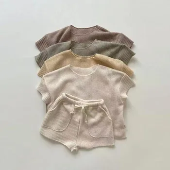 2023 Yaz Yeni Bebek Kısa Kollu Giyim Seti Katı Bebek T Shirt + Şort 2 adet Takım Elbise Pamuk Erkek Kız Kıyafetler Çocuk Giyim