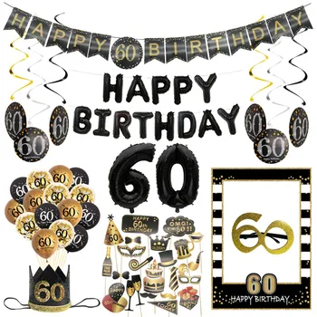 60 Yıl Doğum Günü Partisi fotoğraf kabini Sahne Afiş Numarası Balonlar Taç Gözlük Yetişkin Erkekler Kadınlar 60th Doğum Günü Malzemeleri