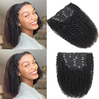 Afro Kinky Kıvırcık Klip Ins Uzantıları İnsan Saç Tam saç tokası Çin'de saç ekleme Siyah Kadınlar İçin Doğal Renk Remy 120G 7 Adet