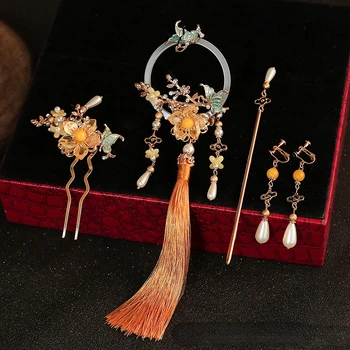 Antik hoop püskül firkete yeni Çin geri tiara gelinin yeni klasik cheongsam düğün saç takı