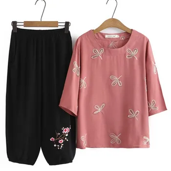 Artı Boyutu kadın Setleri 2023 Yaz Moda Kısa Kollu Pamuklu Çizgi işlemeli tişört Gevşek Pantolon İki Parçalı Eğrisi Elbise