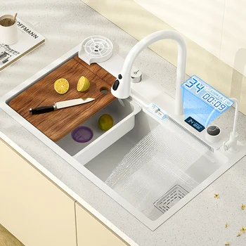 Beyaz Mutfak Lavabo Paslanmaz Çelik Modern Büyük Tek Yuvası Kase lavabo Şelale Musluk Dijital Ekran Ev için