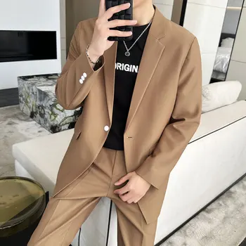 (Blazer + Pantolon) yüksek Kalite Moda Casual Erkek Takım Elbise Kore Tarzı Düz Renk 2 Parça Set düğün elbisesi Parti