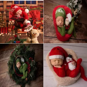 Dvotinst Yenidoğan Bebek Fotoğraf Sahne Noel Yeşil Kırmızı Noel Baba Şapka Romper 2 adet Kıyafetler Set Stüdyo Çekim Fotoğraf Sahne