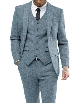 Erkek Takım Elbise Balıksırtı Rahat Resmi Üç Parçalı İş Groomsmen Gri Beyaz Bordo Yaka Smokin Düğün Blazer + Pantolon + Yelek