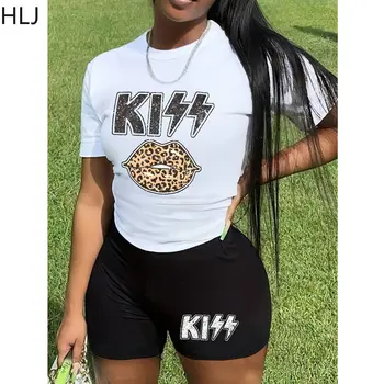 HLJ Moda Streetwear Kadın Yuvarlak Boyun Mektup Baskı Tshirt Ve Biker Şort İki Parçalı Setleri Yaz Eşleştirme 2 adet Kıyafetler 2023
