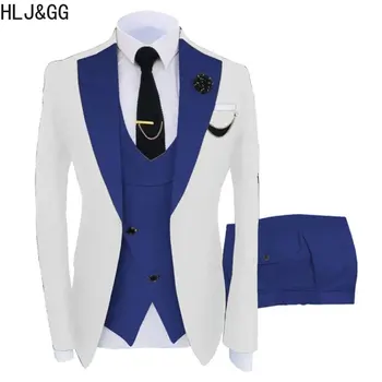 HLJ ve GG erkek Slim Fit Resmi İş Ceket 3 Parça Takım Elbise Beyaz Smokin Düğün Damat Rugular Blazer + Pantolon + Yelek 2023 Yeni