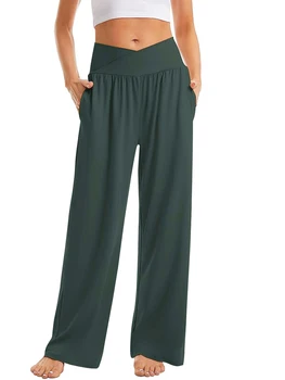 Kadın Geniş bacak salonu Yoga pantolon hafif Crossover yüksek Waisted gevşek Flowy salonu pijama cepler ile