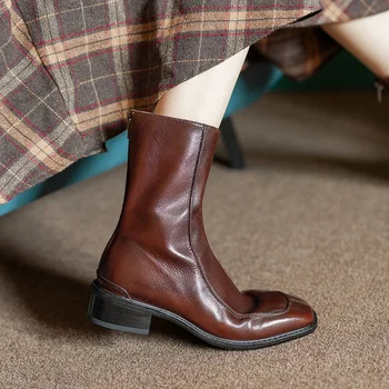 Kadın yarım çizmeler İngiliz Tarzı Bayan Ayakkabıları İnek Derisi kışlık botlar Moda Geri Fermuar Kare Ayak Retro Bahar Ayakkabı Med Topuk