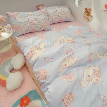 Kızların Kalp Yurdu Üç Parçalı Yorgan yatak çarşaf kılıfı Yastık Kılıfı Yatak Örtüsü Sanrio Cinnamoroll Karikatür Animasyon Yatak Odası Oyuncak