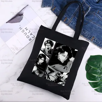 Levi Ackerman Göz Harajuku Moda Alışveriş Anime Titan Siyah Tuval Tote Çanta Kullanımlık Bez Çanta Omuz çantaları