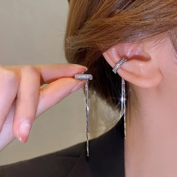 Moda Gümüş Renk Zirkon Püskül Piercing Manşet kulak klipsi Küpe Kadınlar için Parlak suni elmas zincir Sahte Kıkırdak Piercing