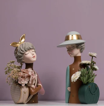 Modern Sevimli Packbag Kızlar Reçine Vazo Figürler Ev Oturma Odası Masa Heykel El Sanatları Masaüstü saklama kutusu Süsler Dekorasyon