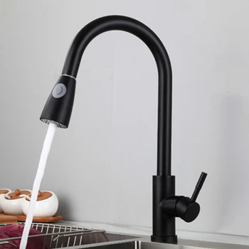 Mutfak Musluk Tek Delik Pull Out Bacalı mutfak lavabo mikseri Dokunun Akışı Püskürtme Başkanı Güverte Üstü Siyah Mikser Sıcak Soğuk Dokunun RU