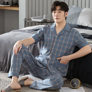 Pijama Seti Seksi Pijama Adam Kısa Kollu Gömlek Şerit Pijama erkek Sonbahar Moda Pamuk Gecelik Giyim Artı Boyutu