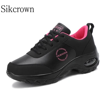 Siyah Sneakers Spor Kadın Platformu Kalın Taban Deri Yumuşak hava yastığı Ayakkabı Sönümleme koşu ayakkabıları Kaymaz Bayanlar Eğitmenler