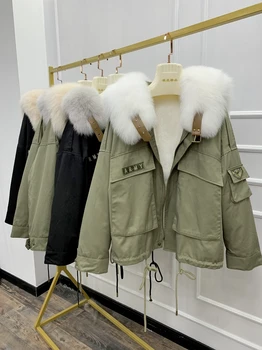 Yeni Bayan Kış Gerçek Tilki Kürk Ceket Kadınlar Sıcak İthal Rex Tavşan Kürk Astar Büyük Boy Streetwear Kadın Parkas
