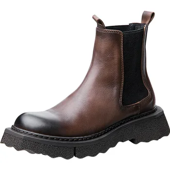 Yeni Chelsea Çizmeler Erkekler Çöl Botları Erkekler yüksek kalite hakiki deri Sonbahar Kış İngiliz Retro erkek ayakkabısı İnek Derisi savaş botları
