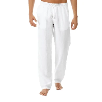 Yeni En Kaliteli erkek Yaz Rahat Pantolon Doğal Pamuk Keten Pantolon Beyaz Keten Elastik Bel Düz erkek Pantolon
