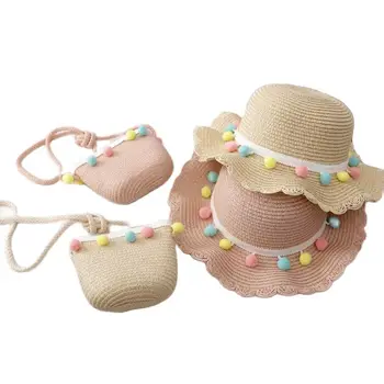 Yeni prenses kız rahat güneş şapkaları ve çanta setleri Yaz plaj tatil güneş koruma hasır şapka Çocuk karikatür panama kapaklar