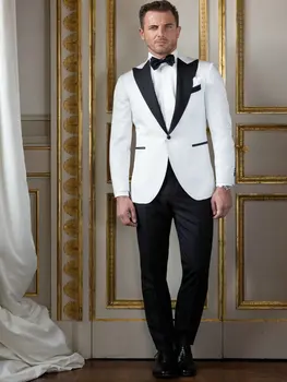 Yeni Varış Slim Fit Custom Made Bir Düğme Beyaz Erkek Takım Elbise Düğün Damat Takım Elbise Erkekler Smokin Groomsmen (Ceket + Pantolon + Kravat)