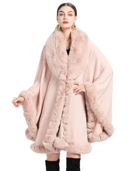 Zarif İmitasyon Tavşan Kürk Pelerin Kadın Kış Giyim Kalın Sıcak Panço Kadın Moda Hırka Şal Pelerin Gevşek Uzun Palto