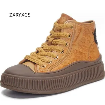 ZXRYXGS Yüksek Kaliteli Tam Hakiki Deri Retro Trend Çizmeler Kadın Sneakers 2023 Popüler Yüksek Top Spor Ayakkabı düz platform ayakkabılar Yeni